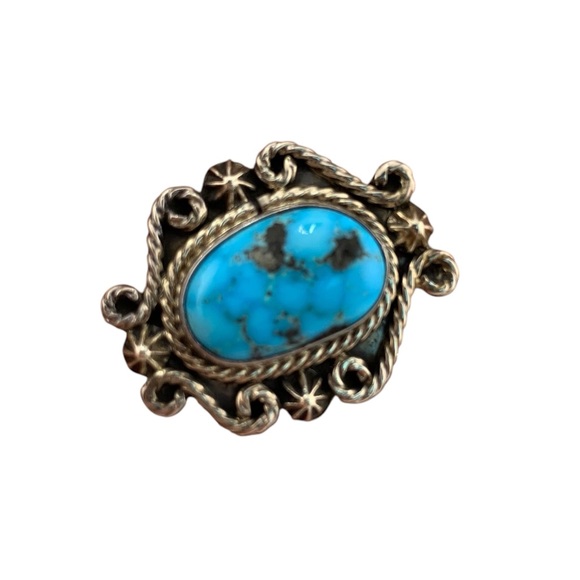 TURQUOISE NAVAJO RUNNING BEAR SIGNED STERLING SILVER RING VINTAGE SIZE 8.25 - Picture 11 of 13